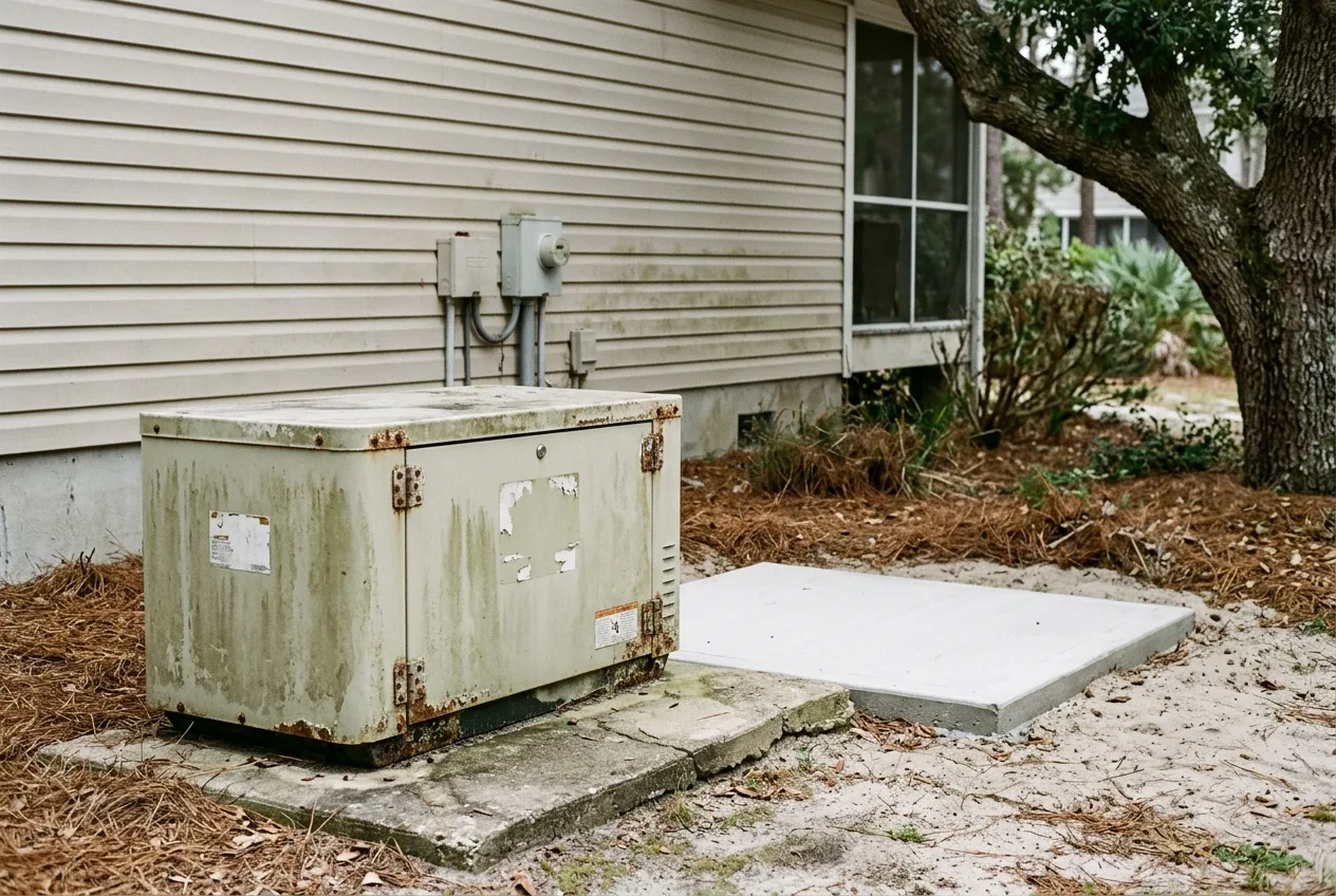 Weathered older standby generator with mildew-stained housing and corroded fasteners on a cracked pad, a freshly poured concrete pad beside it awaiting the replacement unit
