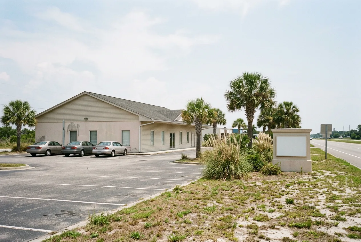 Single-story stucco and vinyl-sided commercial building on a coastal highway corridor, blank monument sign out front, cabbage palmettos and sea-oat grass along a sandy verge