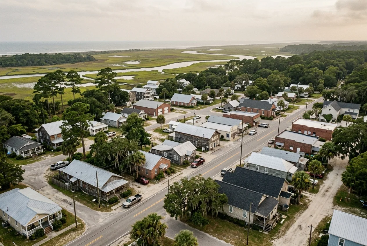 Elevated view over a low-rise coastal town on flat sandy ground: metal and shingle roofs, a two-lane road, live oaks, pines and palmettos, with tidal salt marsh and a winding creek behind it