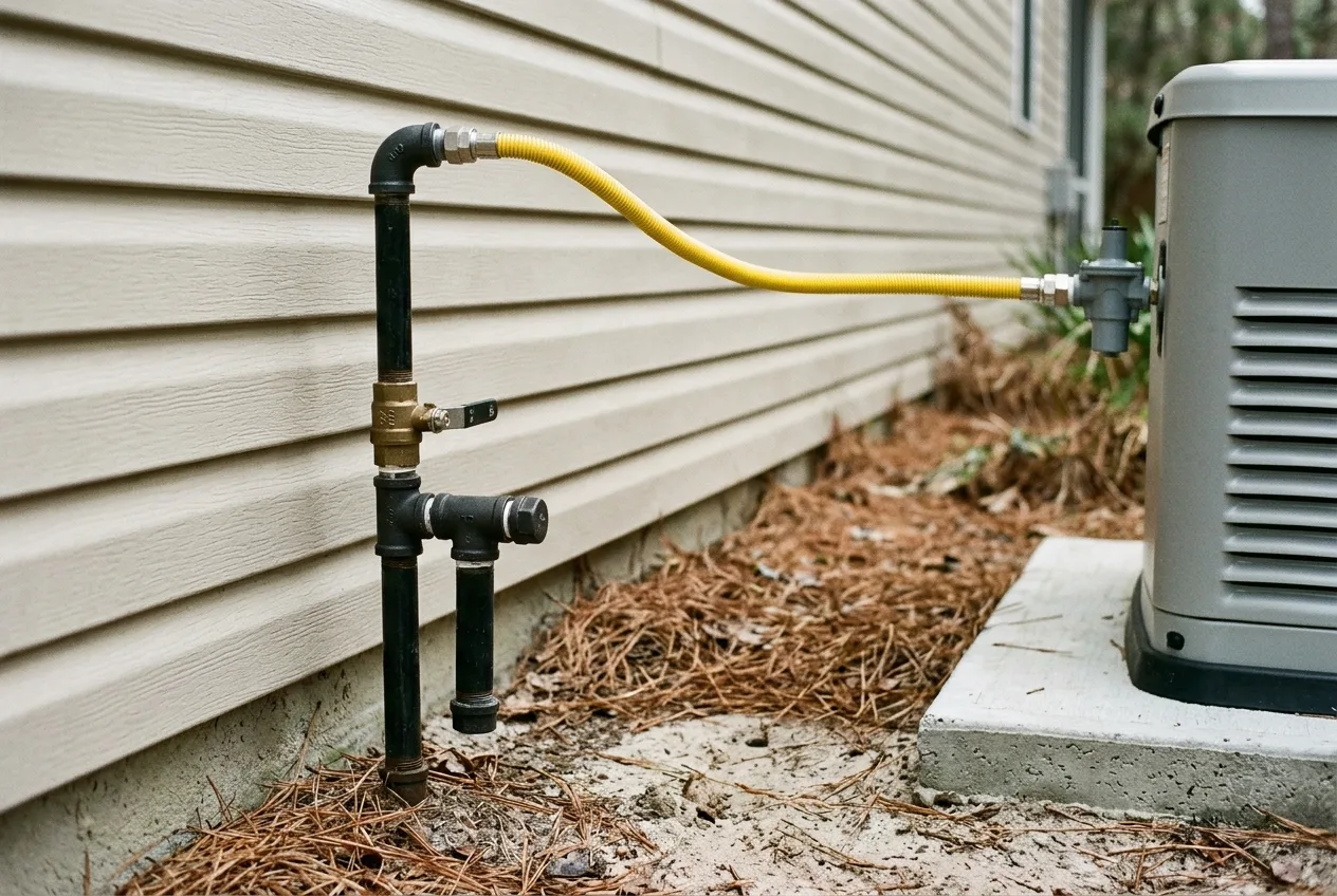 Black iron gas pipe with a shutoff valve and sediment trap rising along a house wall and turning into a yellow flexible connector feeding a standby generator on its pad