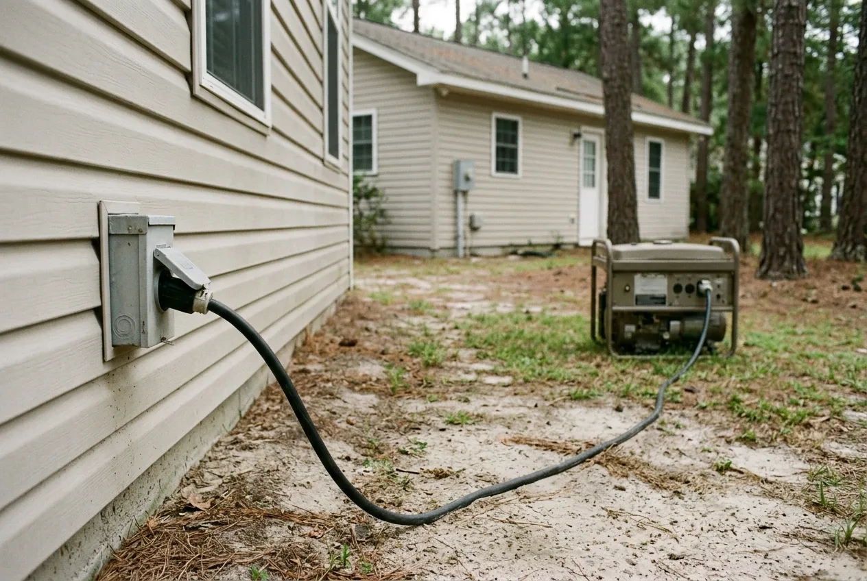 Generator power inlet box on a house wall with a heavy black cord plugged in and running across a sandy pine-shaded yard to a portable generator