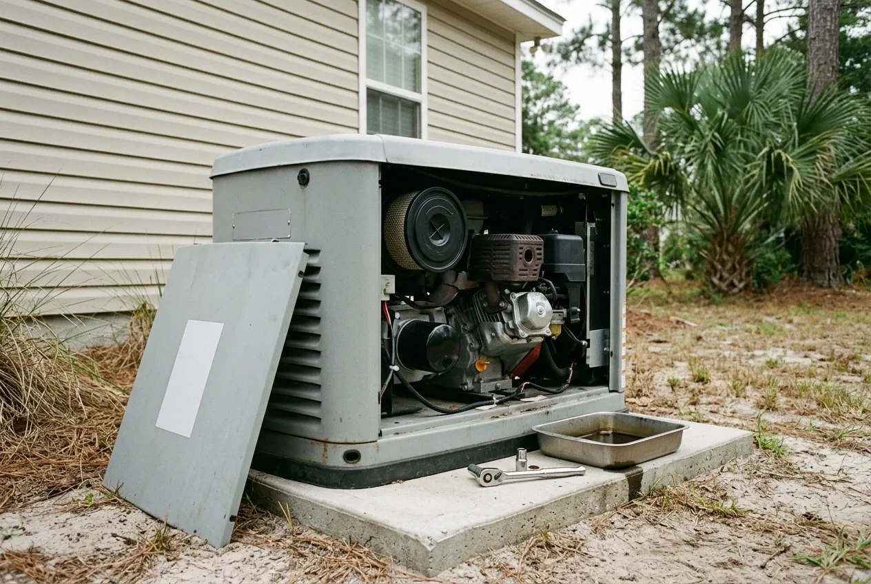 Standby generator on its pad with the side access panel removed, engine and air filter housing exposed, a socket wrench and oil drain pan on the concrete beside it
