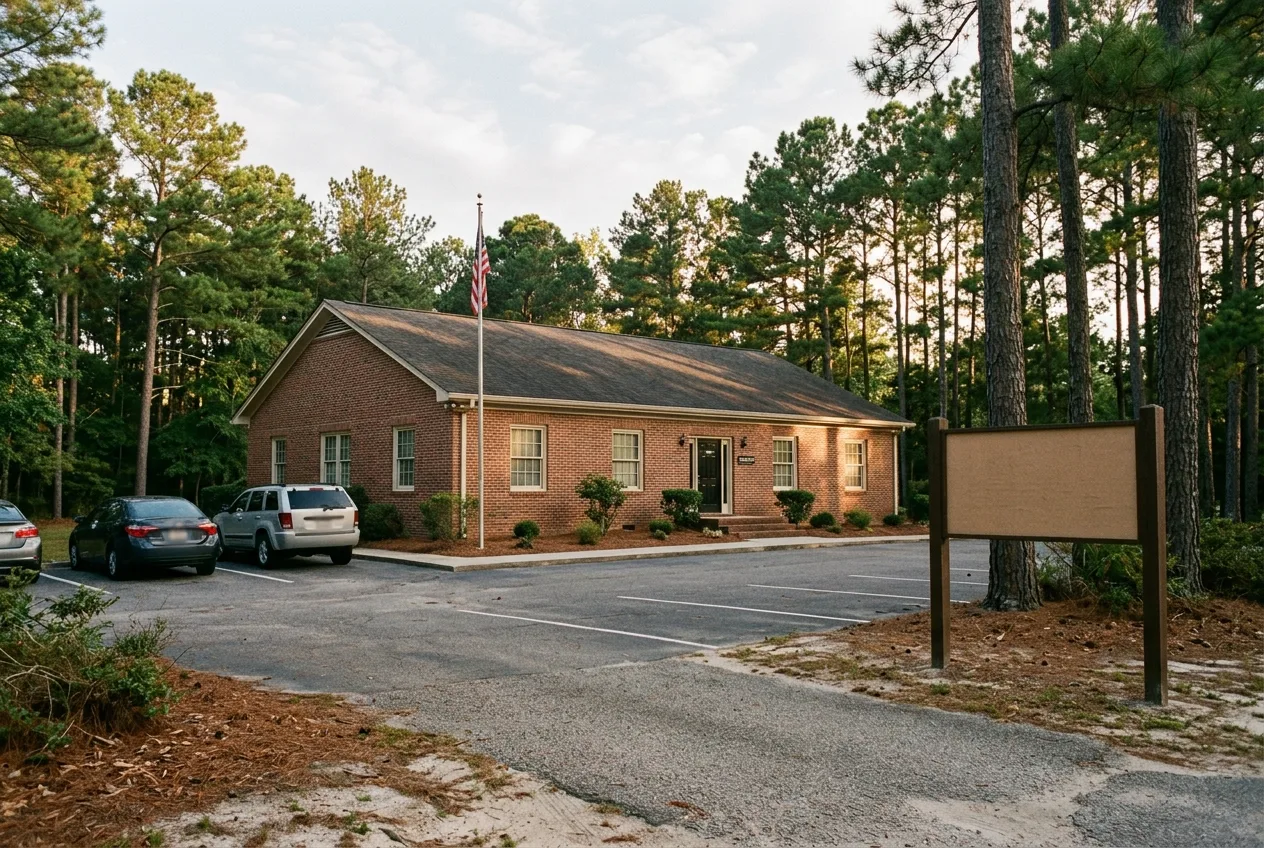 Single-story red brick professional office building with a small parking lot and a blank sign board, surrounded by tall loblolly pines and pine-straw ground cover
