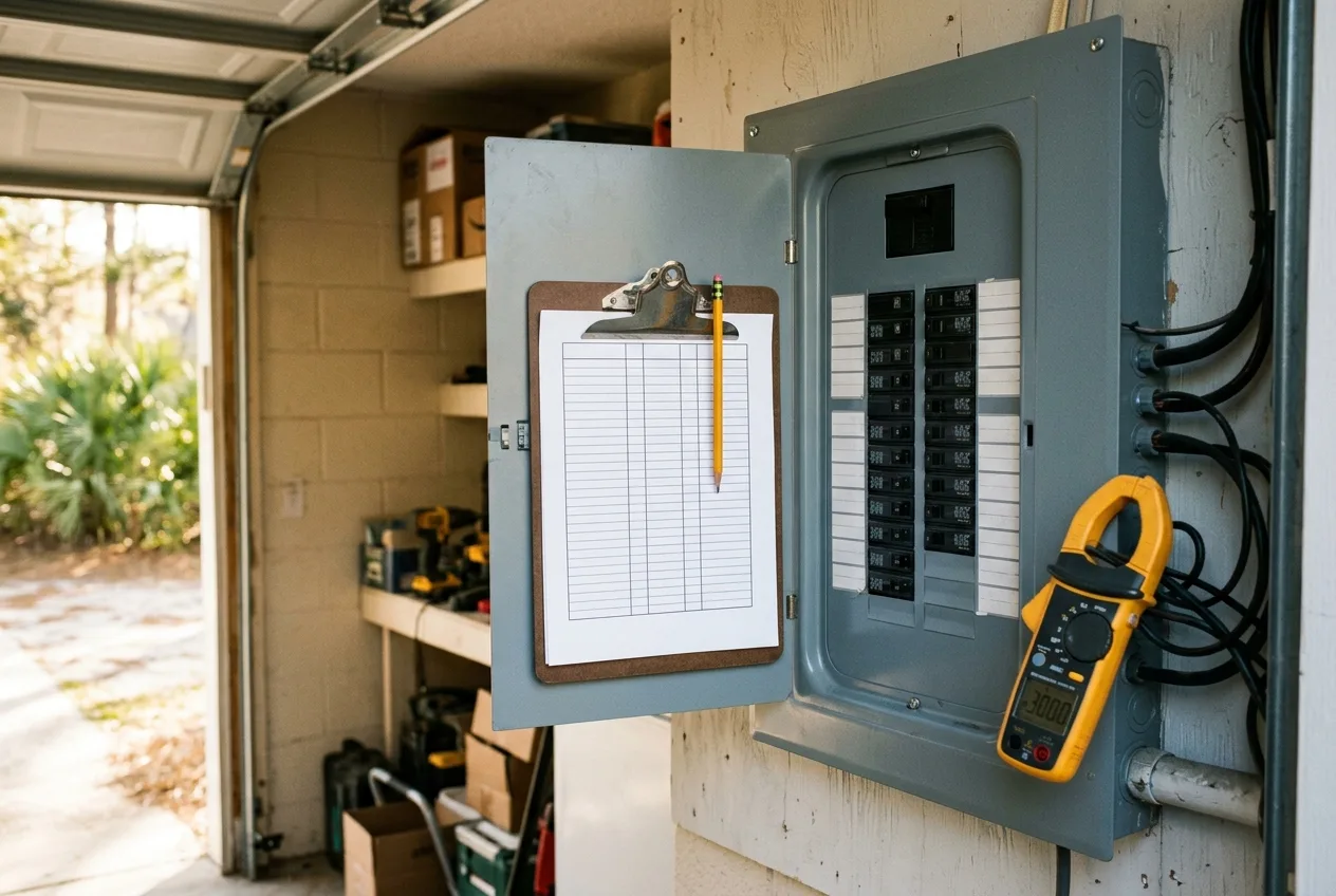 Clamp meter and a blank tally sheet at an open residential breaker panel, the setup used to walk a home's circuits during a generator load calculation