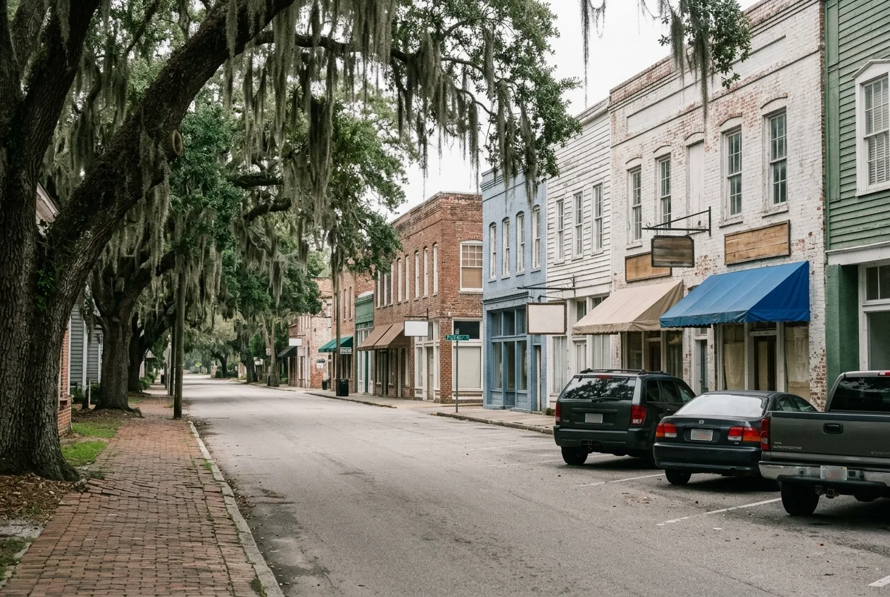 Quiet small-town main street of one and two story brick and painted-wood storefronts with blank awnings and blank hanging signs, under live oaks draped in Spanish moss