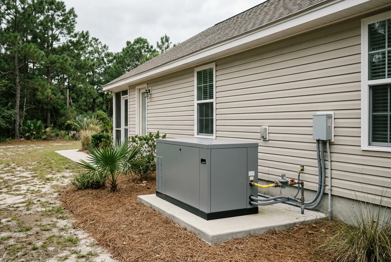 Grey standby generator on a concrete pad beside a single-story house with tan vinyl siding, gas line and conduit running to the wall, palmetto and pine straw in a sandy coastal yard