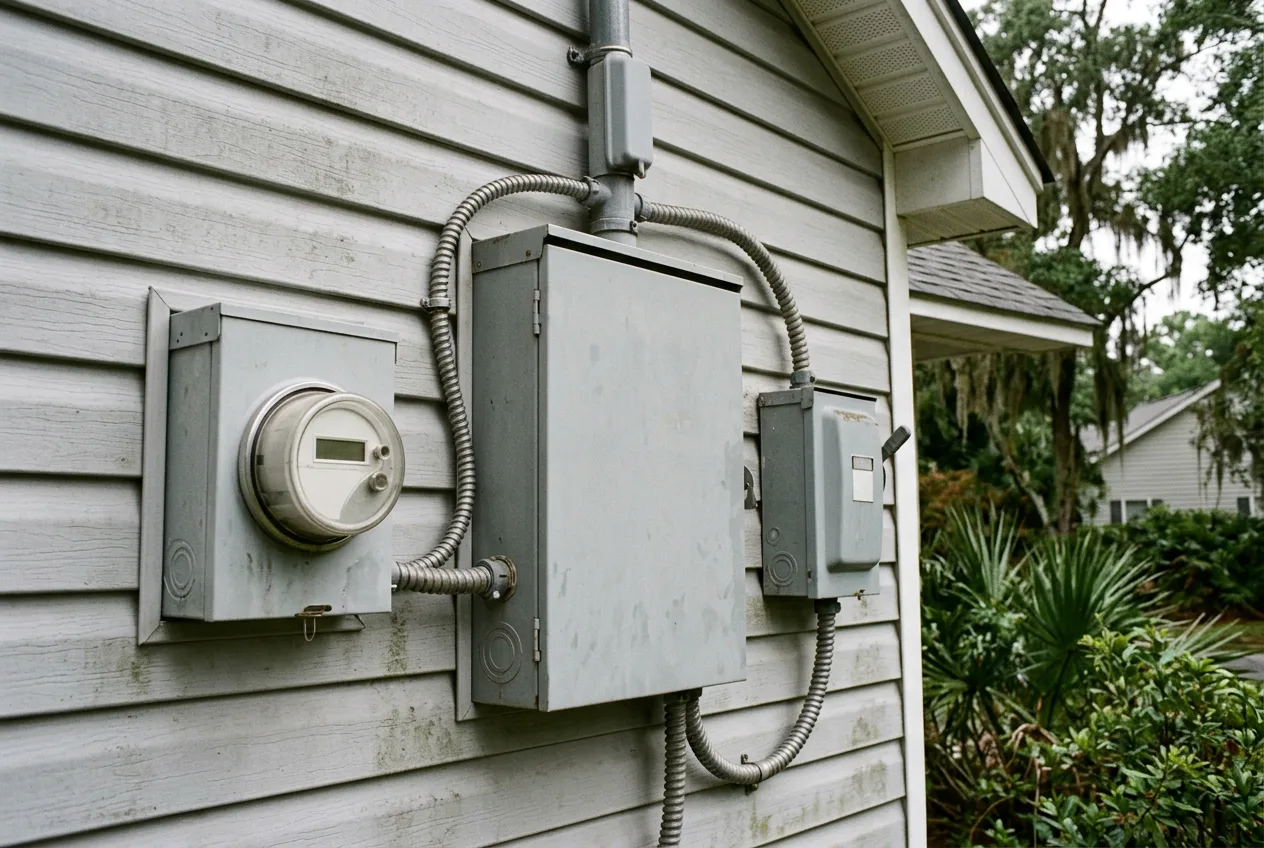 Exterior wall-mounted transfer switch enclosure beside the meter base and service disconnect, the permanently wired arrangement a standby generator uses