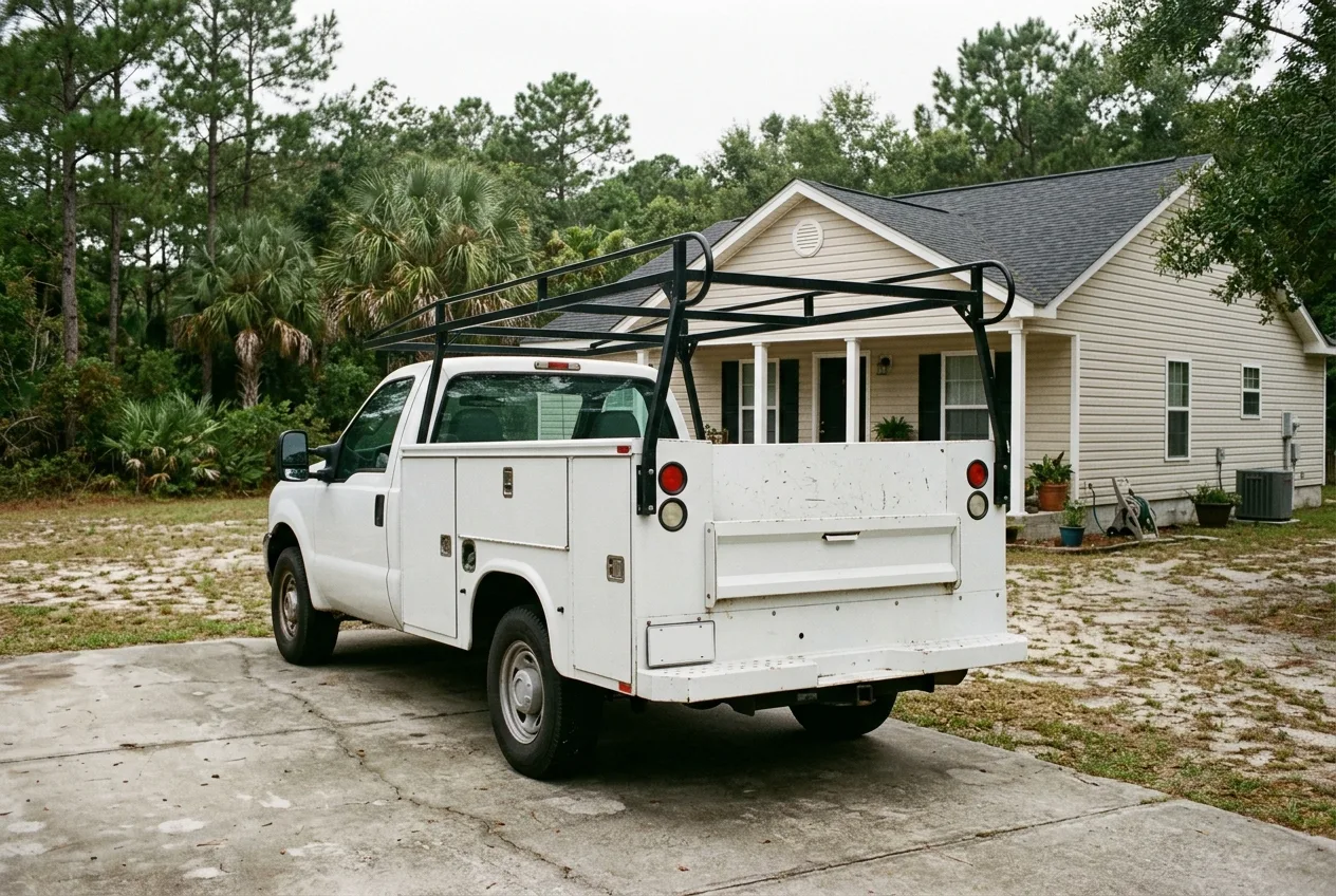 Unmarked white service-body work truck with an empty ladder rack parked in the concrete driveway of a single-story home with tan vinyl siding, palmettos and pines behind it